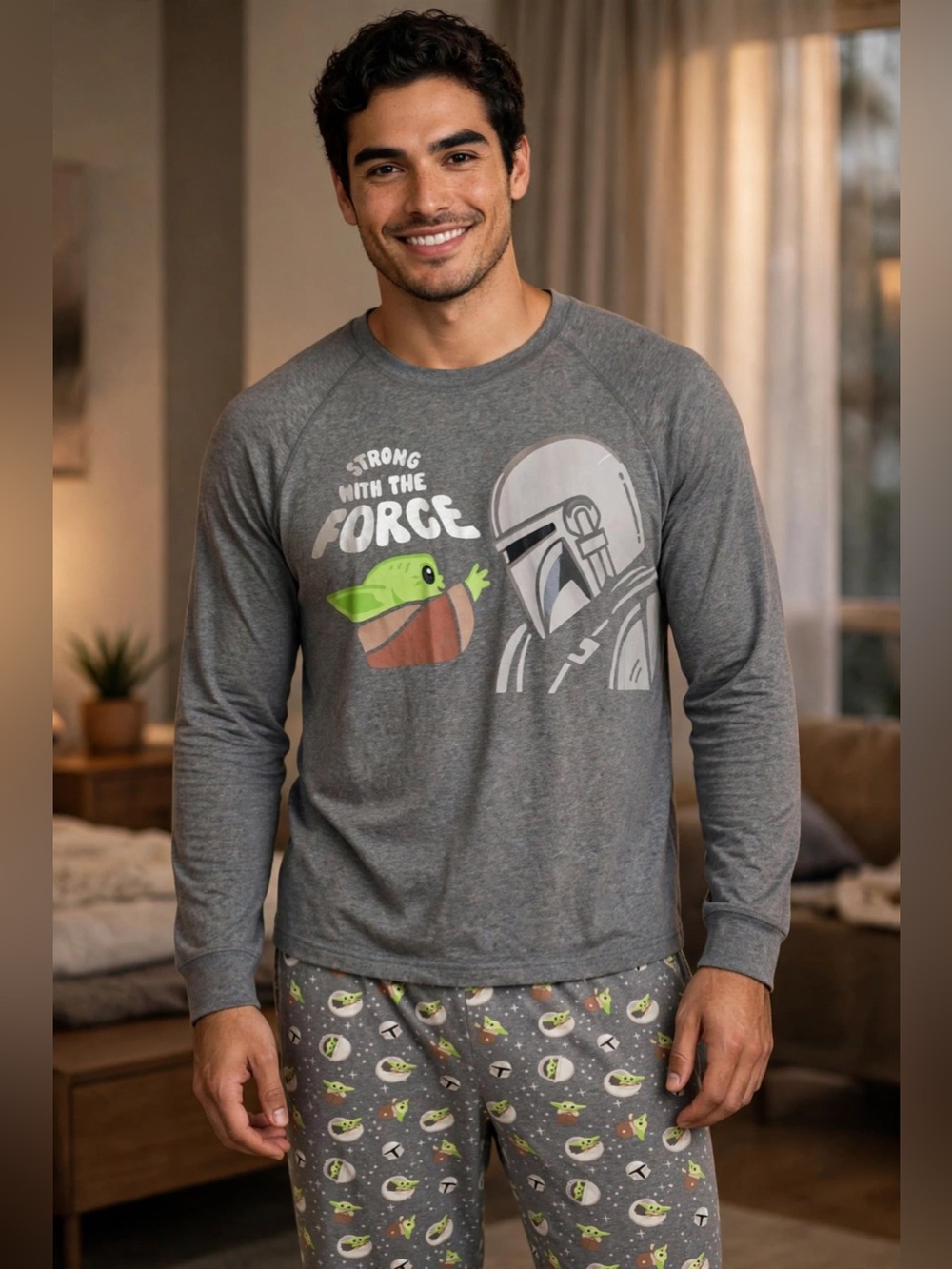 Star Wars Mandalorian Yoda  Men’s Gray 'Strong With The Force' Pajama Set